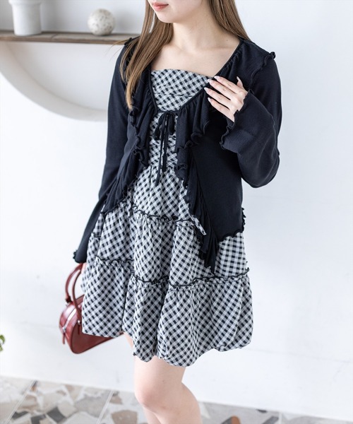 clear（クリア）の「チェック柄ドロストリボンミニワンピース[バレエコア ガーリー]≪新作≫（ワンピース・レディース・オフホワイト/ブラック系その他/ブラック/ベージュ・F）」の3枚目の写真