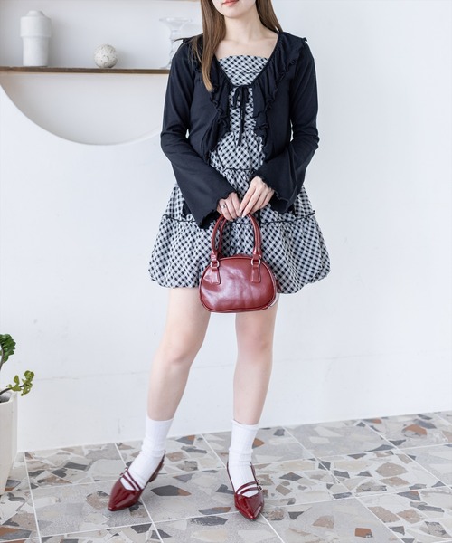 clear（クリア）の「チェック柄ドロストリボンミニワンピース[バレエコア ガーリー]≪新作≫（ワンピース・レディース・オフホワイト/ブラック系その他/ブラック/ベージュ・F）」の14枚目の写真