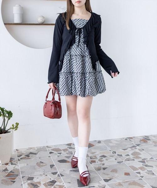 clear（クリア）の「チェック柄ドロストリボンミニワンピース[バレエコア ガーリー]≪新作≫（ワンピース・レディース・オフホワイト/ブラック系その他/ブラック/ベージュ・F）」の15枚目の写真