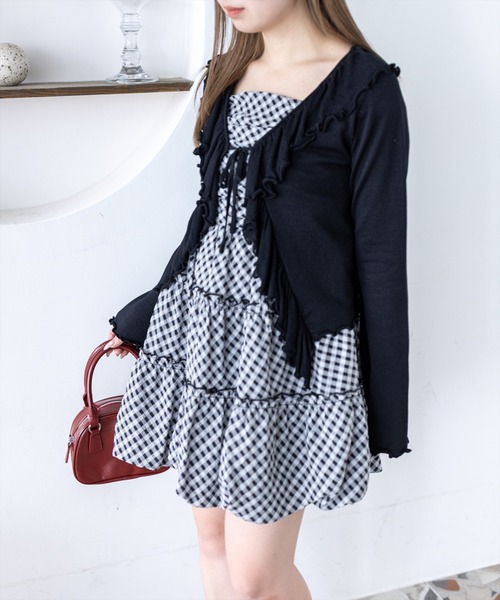 clear（クリア）の「チェック柄ドロストリボンミニワンピース[バレエコア ガーリー]≪新作≫（ワンピース・レディース・オフホワイト/ブラック系その他/ブラック/ベージュ・F）」の11枚目の写真