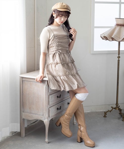 clear（クリア）の「チェック柄ドロストリボンミニワンピース[バレエコア ガーリー]≪新作≫（ワンピース・レディース・オフホワイト/ブラック系その他/ブラック/ベージュ・F）」の5枚目の写真