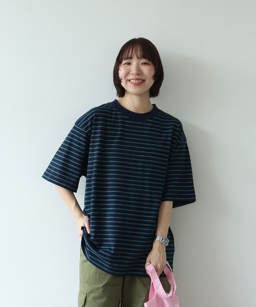 PAR ICI(パーリッシィ)の「マルチボーダー 半袖BIG Tシャツ(Tシャツ/カットソー・レディース・ブルー/アイボリー/グリーン/ネイビー・FREE)」の1枚目の写真