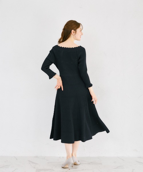 tocco closet(トッコ クローゼット)の「袖口フリル付きスカラネックシアーチェックリブニットワンピース(ワンピース・レディース・ネイビー/オフホワイト/ピンクベージュ・M)」の14枚目の写真