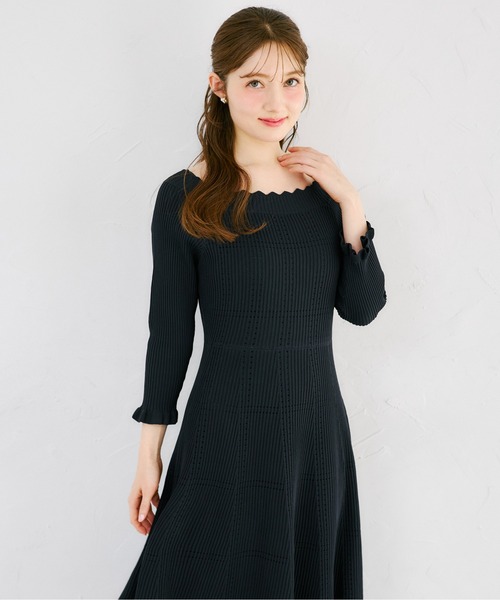 tocco closet(トッコ クローゼット)の「袖口フリル付きスカラネックシアーチェックリブニットワンピース(ワンピース・レディース・ネイビー/オフホワイト/ピンクベージュ・M)」の15枚目の写真