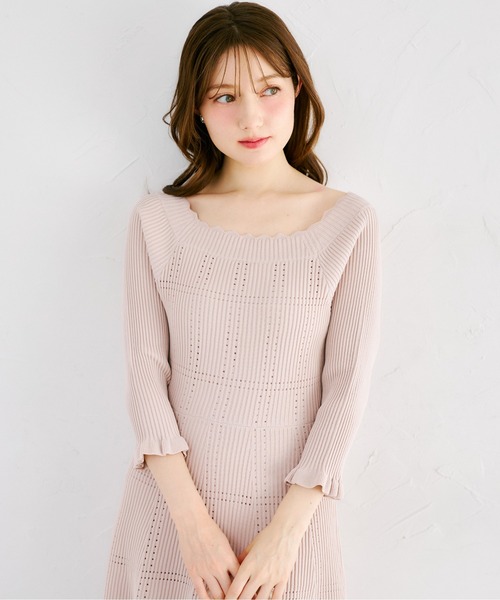 tocco closet(トッコ クローゼット)の「袖口フリル付きスカラネックシアーチェックリブニットワンピース(ワンピース・レディース・ネイビー/オフホワイト/ピンクベージュ・M)」の21枚目の写真