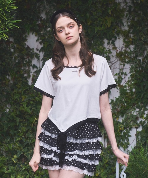Lovilyn(ラヴィリン)の「ドットレースリボンTシャツ(Tシャツ/カットソー・レディース・ブラック/ホワイト/ホワイト系その他・FREE)」の2枚目の写真