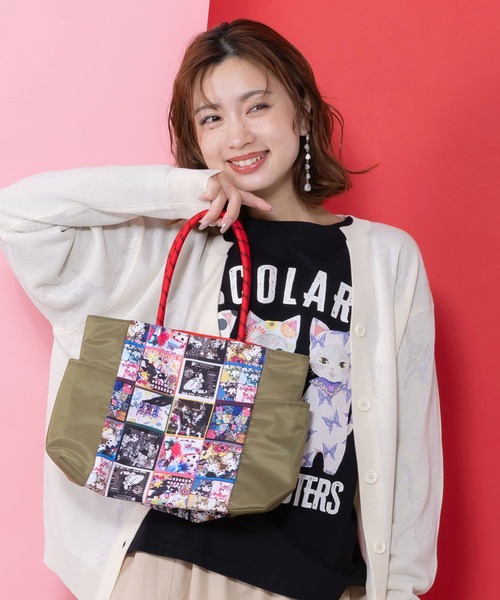 ScoLar(スカラー)の「661431:コラージュ総柄 パラコード配色トートバッグ(トートバッグ・レディース・カーキ/ブラック/ベージュ・FREE)」の1枚目の写真