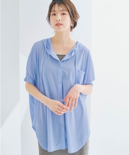 nissen（ニッセン）の「とろみ素材フード付カットソー半袖カーディガン（カーディガン/ボレロ・レディース・ブラック/オフホワイト/ブルー・LL/L/M/S）」の3枚目の写真