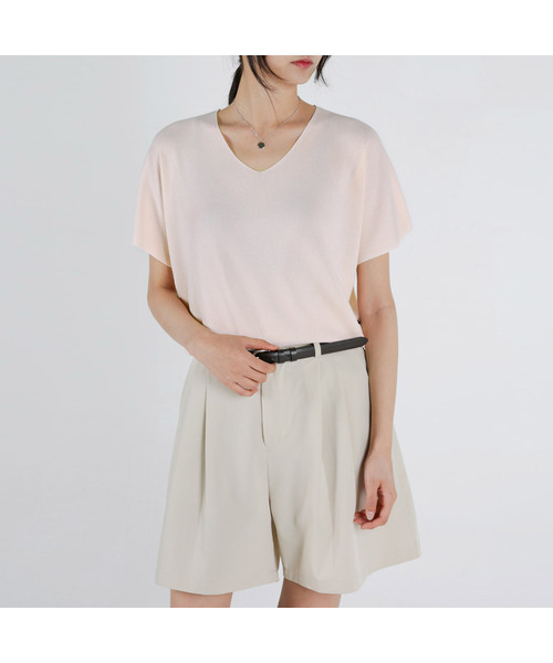UMM(ウム)の「レディース サマー ソフトタッチ Vネックニット 3COLOR(Tシャツ/カットソー・レディース・ベージュ/ブラック/ライトピンク・F)」の3枚目の写真