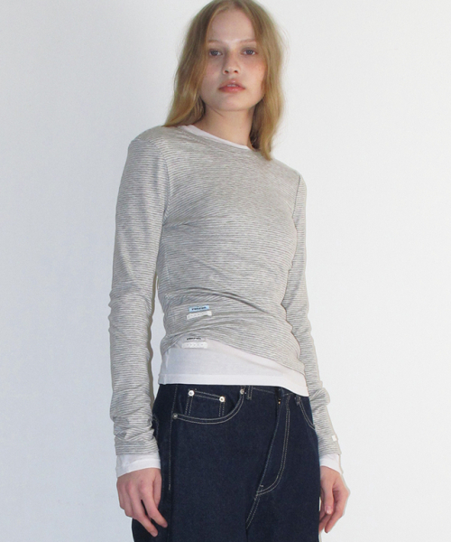 RONRON(ロンロン)の「SOFT MINI LABEL LONG SLEEVE GREY STRIPE(Tシャツ/カットソー・レディース・その他・FREE)」の1枚目の写真