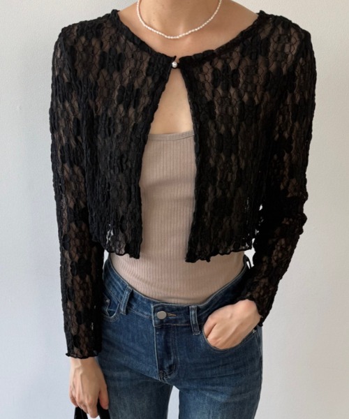 flaeu(フラユ)の「Flower Lace Short Cardigan(カーディガン/ボレロ・レディース・ブラック/アイボリー・FREE)」の1枚目の写真