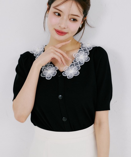 tocco closet(トッコ クローゼット)の「【ZOZO限定】接触冷感フラワーレース襟半袖カーディガン(ニット/セーター・レディース・ラベンダー/ネイビー/ブラック/オフホワイト・M)」の17枚目の写真