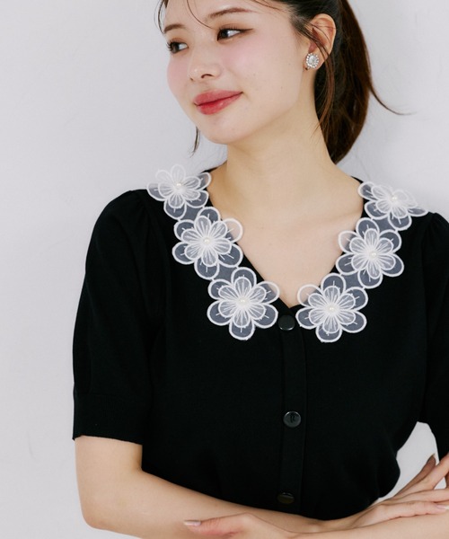 tocco closet(トッコ クローゼット)の「【ZOZO限定】接触冷感フラワーレース襟半袖カーディガン(ニット/セーター・レディース・ラベンダー/ネイビー/ブラック/オフホワイト・M)」の18枚目の写真