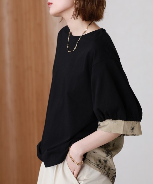 Arinomama(アリノママ)の「Arinomama 200g コーマ糸シルケット天竺 フラワー切替トップス 半袖(Tシャツ/カットソー・レディース・ホワイト系/ブラック系/グレイッシュベージュ・FREE)」の2枚目の写真