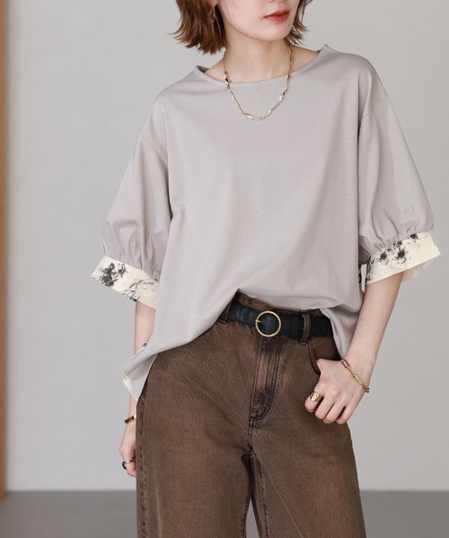 Arinomama(アリノママ)の「Arinomama 200g コーマ糸シルケット天竺 フラワー切替トップス 半袖(Tシャツ/カットソー・レディース・ホワイト系/ブラック系/グレイッシュベージュ・FREE)」の15枚目の写真