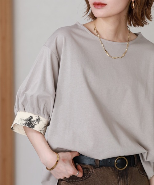 Arinomama(アリノママ)の「Arinomama 200g コーマ糸シルケット天竺 フラワー切替トップス 半袖(Tシャツ/カットソー・レディース・ホワイト系/ブラック系/グレイッシュベージュ・FREE)」の16枚目の写真