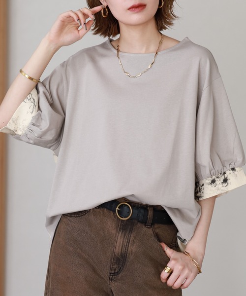 Arinomama(アリノママ)の「Arinomama 200g コーマ糸シルケット天竺 フラワー切替トップス 半袖(Tシャツ/カットソー・レディース・ホワイト系/ブラック系/グレイッシュベージュ・FREE)」の17枚目の写真