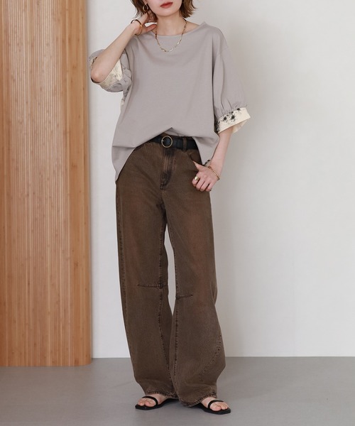 Arinomama(アリノママ)の「Arinomama 200g コーマ糸シルケット天竺 フラワー切替トップス 半袖(Tシャツ/カットソー・レディース・ホワイト系/ブラック系/グレイッシュベージュ・FREE)」の8枚目の写真