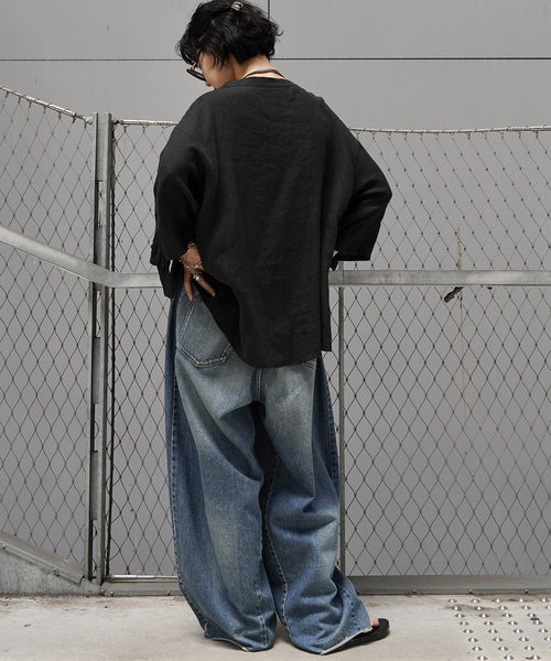 JOURNAL STANDARD LUXE(ジャーナルスタンダード ラックス)の「フレンチリネンキャンバス フリルプルブラウス(シャツ/ブラウス・レディース・ブラック/ホワイト・FREE)」の4枚目の写真