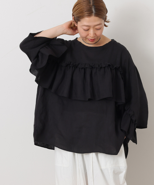 JOURNAL STANDARD LUXE(ジャーナルスタンダード ラックス)の「フレンチリネンキャンバス フリルプルブラウス(シャツ/ブラウス・レディース・ブラック/ホワイト・FREE)」の6枚目の写真