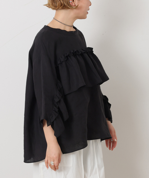 JOURNAL STANDARD LUXE(ジャーナルスタンダード ラックス)の「フレンチリネンキャンバス フリルプルブラウス(シャツ/ブラウス・レディース・ブラック/ホワイト・FREE)」の8枚目の写真