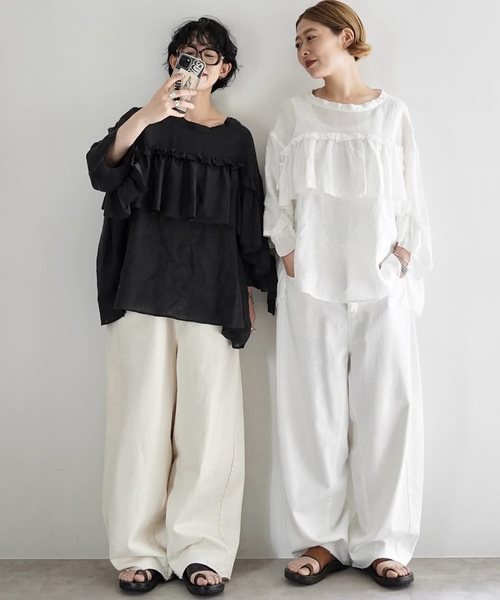 JOURNAL STANDARD LUXE(ジャーナルスタンダード ラックス)の「フレンチリネンキャンバス フリルプルブラウス(シャツ/ブラウス・レディース・ブラック/ホワイト・FREE)」の10枚目の写真