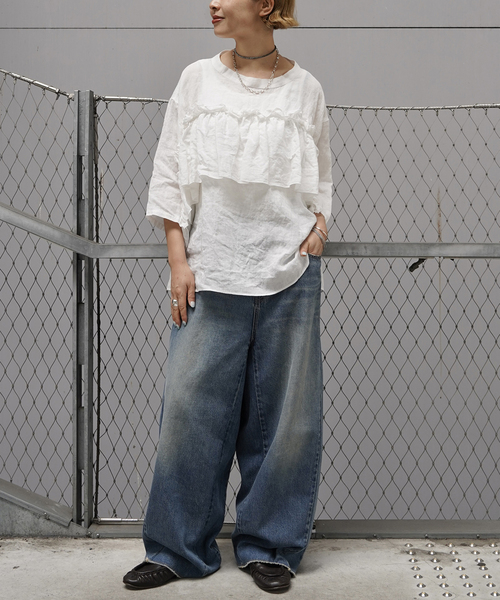 JOURNAL STANDARD LUXE(ジャーナルスタンダード ラックス)の「フレンチリネンキャンバス フリルプルブラウス(シャツ/ブラウス・レディース・ブラック/ホワイト・FREE)」の12枚目の写真