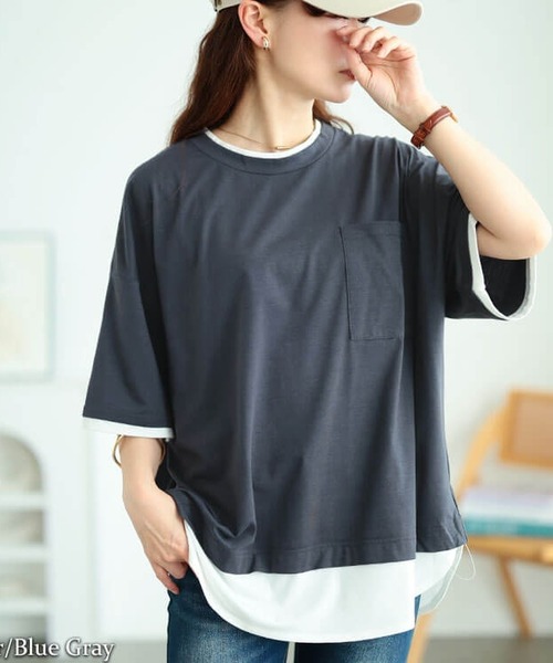 GOLDJAPAN(ゴールドジャパン)の「フェイクレイヤードワイドプルオーバー【大きいサイズ対応】(Tシャツ/カットソー・レディース・ブラック/チャコール/ブルーグレー・3L/LL/4L/5L)」の2枚目の写真