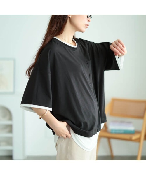 GOLDJAPAN(ゴールドジャパン)の「フェイクレイヤードワイドプルオーバー【大きいサイズ対応】(Tシャツ/カットソー・レディース・ブラック/チャコール/ブルーグレー・3L/LL/4L/5L)」の10枚目の写真