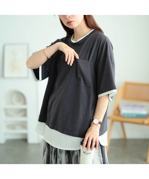 GOLDJAPAN(ゴールドジャパン)の「フェイクレイヤードワイドプルオーバー【大きいサイズ対応】(Tシャツ/カットソー・レディース・ブラック/チャコール/ブルーグレー・3L/LL/4L/5L)」の13枚目の写真