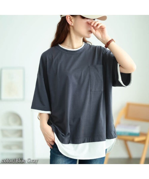 GOLDJAPAN(ゴールドジャパン)の「フェイクレイヤードワイドプルオーバー【大きいサイズ対応】(Tシャツ/カットソー・レディース・ブラック/チャコール/ブルーグレー・3L/LL/4L/5L)」の14枚目の写真