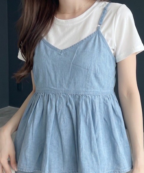 umune(ウムネ)の「デニムキャミソール Tシャツ セット アンサンブル 2点セット ギャザー ペペラム 半袖 カットソー レイヤード 重ね着 トップス 夏(アンサンブル・レディース・ライトインディゴブルー/ブラック/インディゴブルー・FREE)」の1枚目の写真