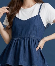 デニムキャミソール Tシャツ セット アンサンブル 2点セット ギャザー ペペラム 半袖 カットソー レイヤード 重ね着 トップス 夏