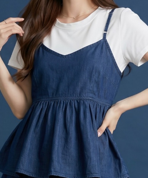 umune(ウムネ)の「デニムキャミソール Tシャツ セット アンサンブル 2点セット ギャザー ペペラム 半袖 カットソー レイヤード 重ね着 トップス 夏(アンサンブル・レディース・ライトインディゴブルー/ブラック/インディゴブルー・FREE)」の3枚目の写真