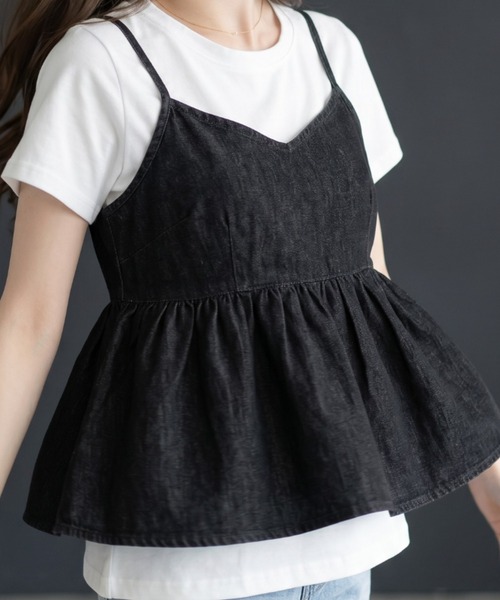 umune(ウムネ)の「デニムキャミソール Tシャツ セット アンサンブル 2点セット ギャザー ペペラム 半袖 カットソー レイヤード 重ね着 トップス 夏(アンサンブル・レディース・ライトインディゴブルー/ブラック/インディゴブルー・FREE)」の4枚目の写真