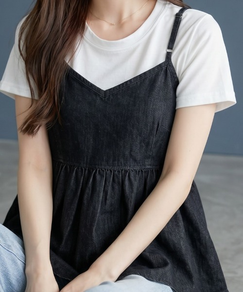 umune(ウムネ)の「デニムキャミソール Tシャツ セット アンサンブル 2点セット ギャザー ペペラム 半袖 カットソー レイヤード 重ね着 トップス 夏(アンサンブル・レディース・ライトインディゴブルー/ブラック/インディゴブルー・FREE)」の5枚目の写真