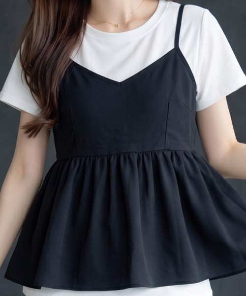 umune(ウムネ)の「デニムキャミソール Tシャツ セット アンサンブル 2点セット ギャザー ペペラム 半袖 カットソー レイヤード 重ね着 トップス 夏(アンサンブル・レディース・ライトインディゴブルー/ブラック/インディゴブルー・FREE)」の7枚目の写真