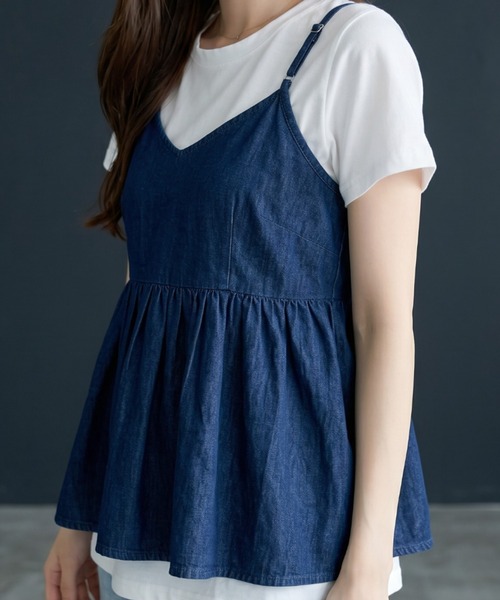 umune(ウムネ)の「デニムキャミソール Tシャツ セット アンサンブル 2点セット ギャザー ペペラム 半袖 カットソー レイヤード 重ね着 トップス 夏(アンサンブル・レディース・ライトインディゴブルー/ブラック/インディゴブルー・FREE)」の8枚目の写真