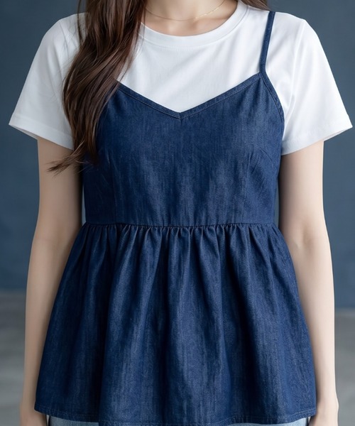 umune(ウムネ)の「デニムキャミソール Tシャツ セット アンサンブル 2点セット ギャザー ペペラム 半袖 カットソー レイヤード 重ね着 トップス 夏(アンサンブル・レディース・ライトインディゴブルー/ブラック/インディゴブルー・FREE)」の9枚目の写真