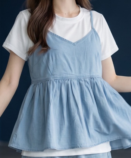 umune(ウムネ)の「デニムキャミソール Tシャツ セット アンサンブル 2点セット ギャザー ペペラム 半袖 カットソー レイヤード 重ね着 トップス 夏(アンサンブル・レディース・ライトインディゴブルー/ブラック/インディゴブルー・FREE)」の10枚目の写真