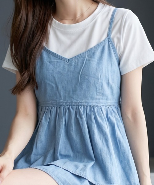 umune(ウムネ)の「デニムキャミソール Tシャツ セット アンサンブル 2点セット ギャザー ペペラム 半袖 カットソー レイヤード 重ね着 トップス 夏(アンサンブル・レディース・ライトインディゴブルー/ブラック/インディゴブルー・FREE)」の11枚目の写真