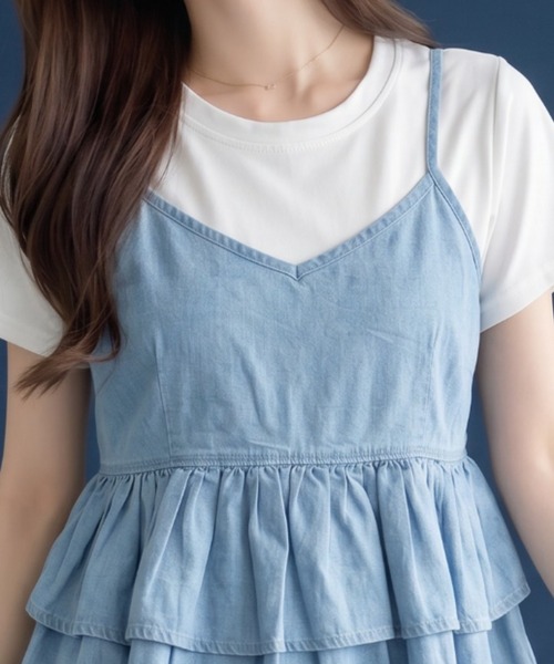 umune(ウムネ)の「デニムキャミソール Tシャツ セット アンサンブル 2点セット ギャザー ペペラム 半袖 カットソー レイヤード 重ね着 トップス 夏(アンサンブル・レディース・ライトインディゴブルー/ブラック/インディゴブルー・FREE)」の12枚目の写真