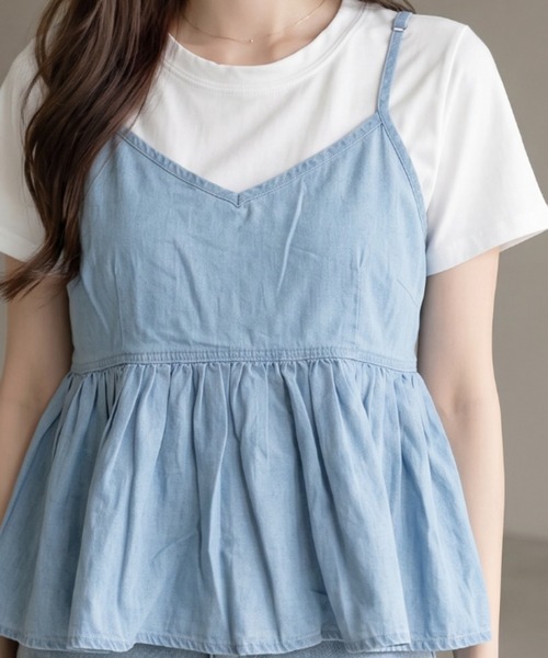 umune(ウムネ)の「デニムキャミソール Tシャツ セット アンサンブル 2点セット ギャザー ペペラム 半袖 カットソー レイヤード 重ね着 トップス 夏(アンサンブル・レディース・ライトインディゴブルー/ブラック/インディゴブルー・FREE)」の13枚目の写真