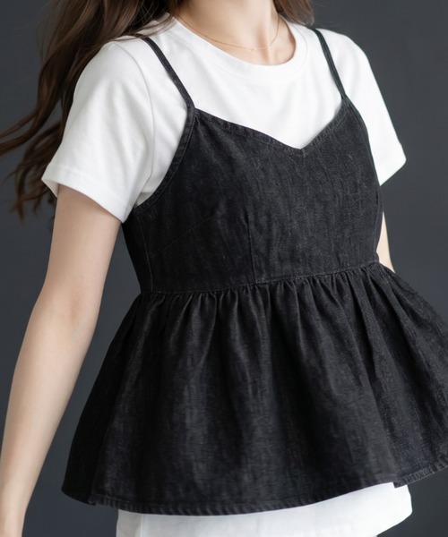 umune(ウムネ)の「デニムキャミソール Tシャツ セット アンサンブル 2点セット ギャザー ペペラム 半袖 カットソー レイヤード 重ね着 トップス 夏(アンサンブル・レディース・ライトインディゴブルー/ブラック/インディゴブルー・FREE)」の14枚目の写真