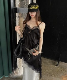 【Y2Kガーリー】 レース アシメトリー ヘム キャミワンピ レイヤード 重ね着