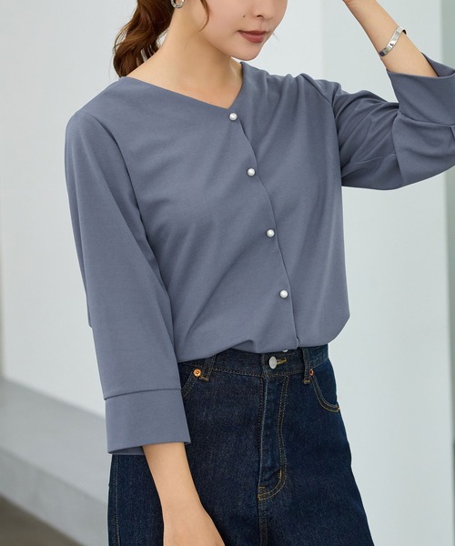 alotta(アロッタ)の「【接触冷感/イージーケア】楽ちん×上品見え叶う!パール調ボタン8分袖シャツブラウス(シャツ/ブラウス・レディース・グレイッシュブルー/ネイビー/モカ/ブラック・M/LL/L)」の10枚目の写真