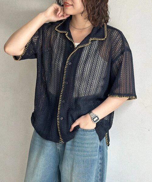 CPCM(シーピーシーエム)の「配色ステッチレースシャツ(シャツ/ブラウス・メンズ・アイボリー/ネイビー/グリーン・LARGE/MEDIUM/SMALL)」の1枚目の写真