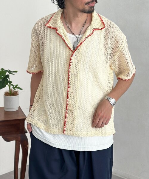 CPCM(シーピーシーエム)の「配色ステッチレースシャツ(シャツ/ブラウス・メンズ・アイボリー/ネイビー/グリーン・LARGE/MEDIUM/SMALL)」の4枚目の写真