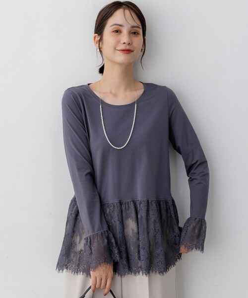 組曲 L(クミキョク オオキイサイズ)の「レースコンビ カットソー(Tシャツ/カットソー・レディース・ホワイト系/グレー系・5/6/7)」の2枚目の写真
