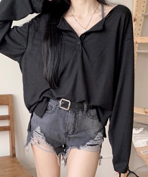 ReRe(リリ)の「ヘンリーネックサイドスリット長袖カットソー(Tシャツ/カットソー・レディース・ホワイト/ブラック/グレー・MEDIUM/LARGE/X-LARGE)」の2枚目の写真